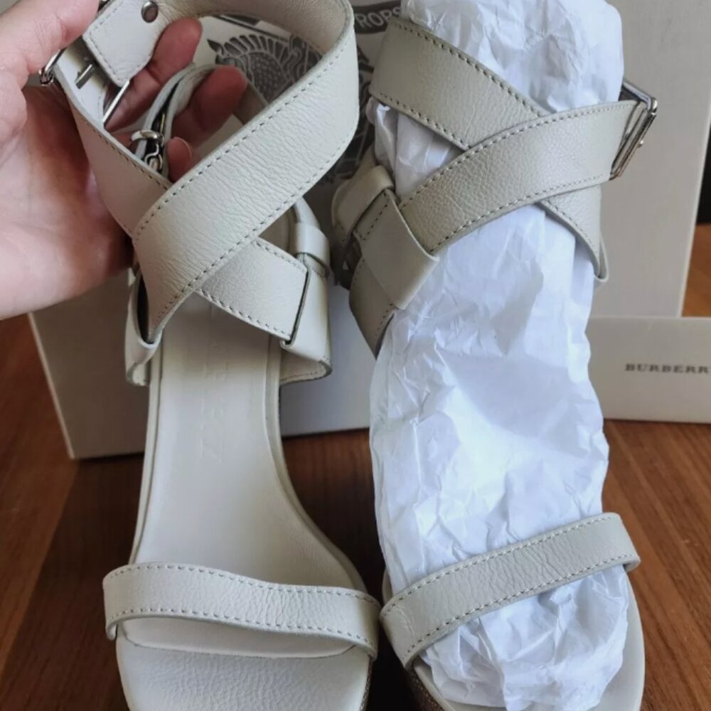 Burberry Brit Check White Leather Goldfinch Wedge Women's Sandals - Picture 7 of 15